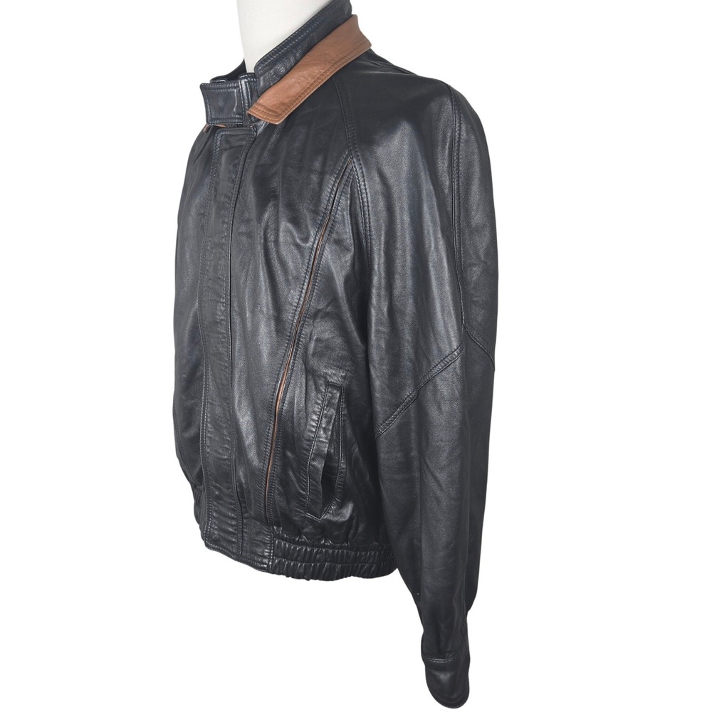 Bally Leather Jacket Men 40 Made Italy Black Tan Trim Moto Bomber Luxury Rare‎ - Picture 3 of 16